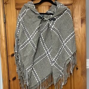 Gray Plaid Fringe Poncho